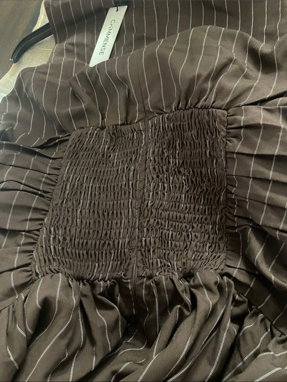 Sleeveless Brown  Pinstripe Runched Maxi Dress - Picture 9 of 9